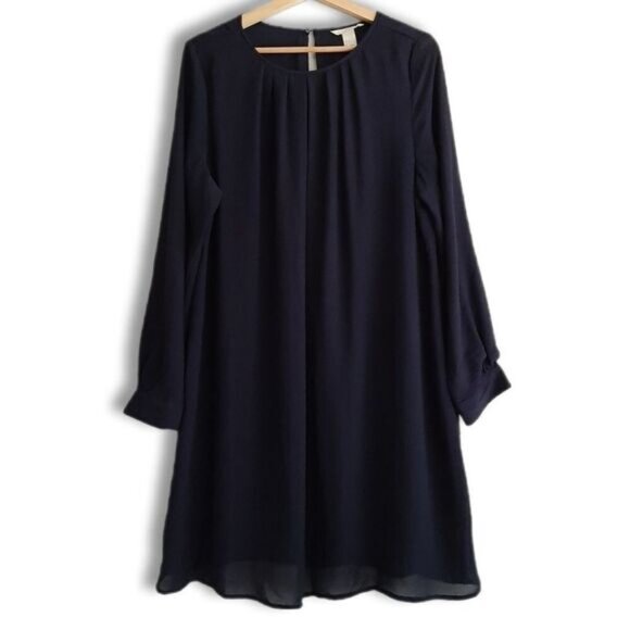 H&M / A-Line Sheer Sleeve Pleated Scoop Neck Knee Length Dress Navy Sz 14 - Picture 1 of 10